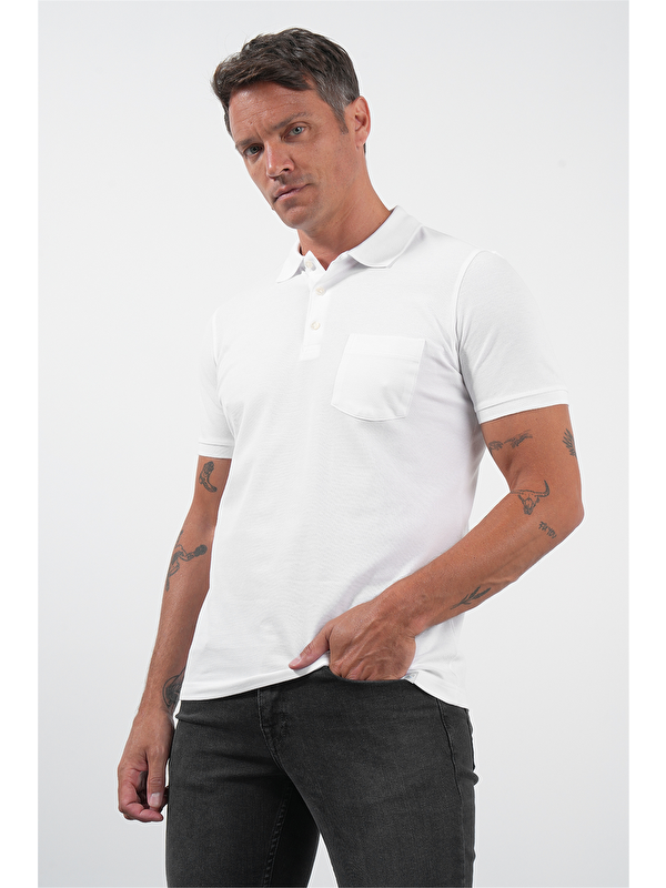 İMZA Beyaz Polo Yaka Kısa Kol Cepli Comfort Fit Pamuklu Tişört 1011260155