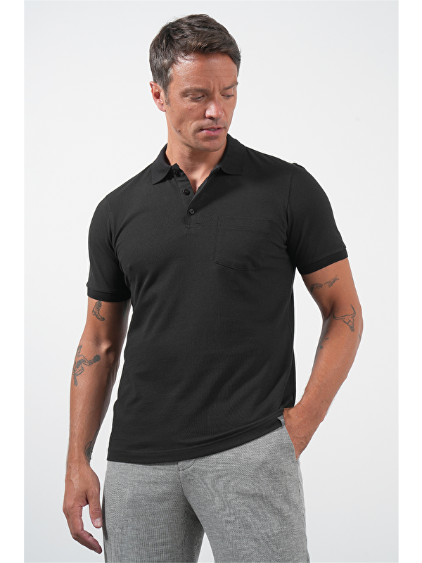 İMZA Siyah Polo Yaka Kısa Kol Cepli Comfort Fit Pamuklu Tişört 1011260155