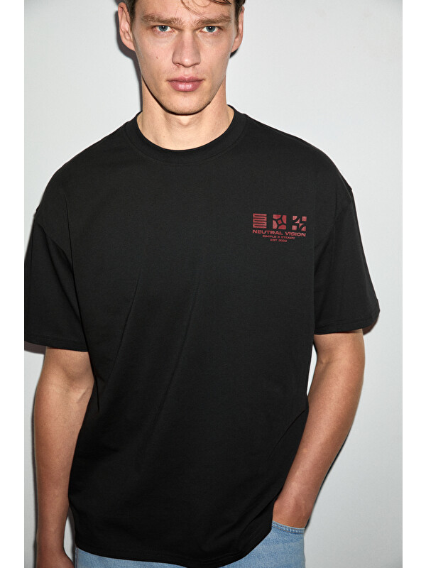 GRIMELANGE ANTONIO Erkek Baskı Detaylı %100 Organik Pamuk 3 İplik Örme Oversize SİYAH T-Shirt
