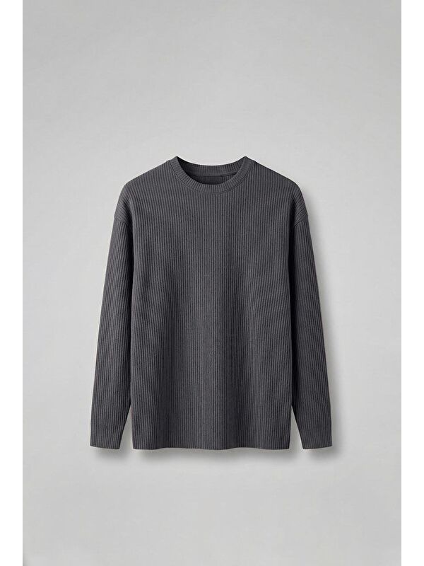 Abluka Online Erkek Rahat Kalıp Fitilli Uzun Kollu Sweatshirt Füme