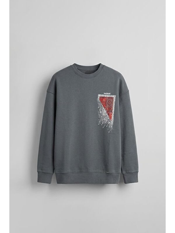 Abluka Online Erkek Oversize Desen Yamalı Sweatshirt Antrasit