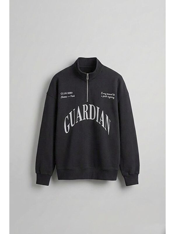 Abluka Online Erkek Oversize Yarım Fermuarlı Dik Yakalı Baskılı Sweatshirt Antrasit