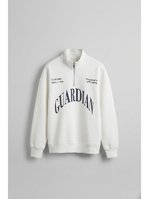 Abluka Online Erkek Oversize Yarım Fermuarlı Dik Yakalı Baskılı Sweatshirt Ekru