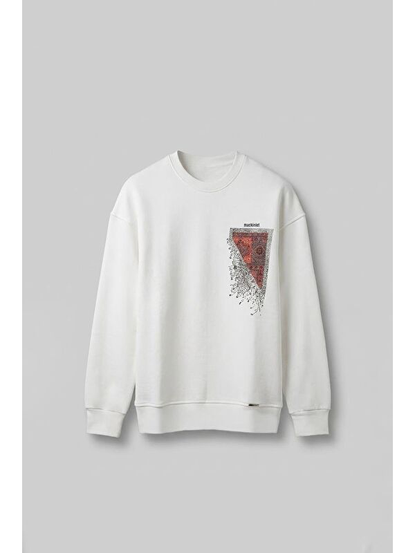 Abluka Online Erkek Oversize Desen Yamalı Sweatshirt Ekru