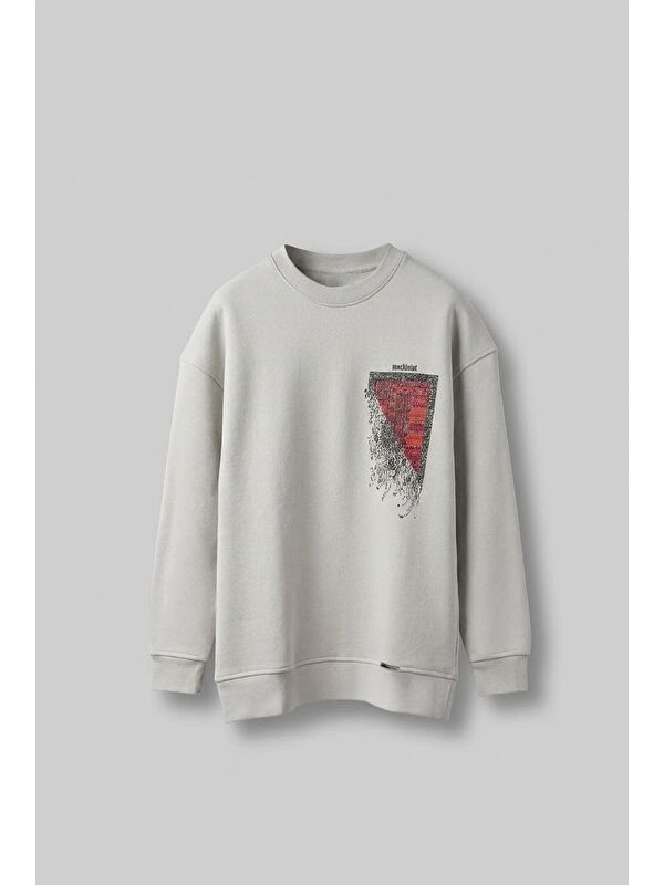 Abluka Online Erkek Oversize Desen Yamalı Sweatshirt Gri