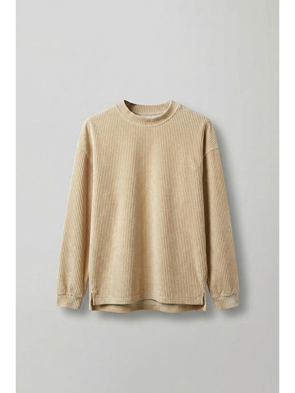 Abluka Online Erkek Oversize Yuvarlak Yaka Fitilli Kadife Sweatshirt Bej