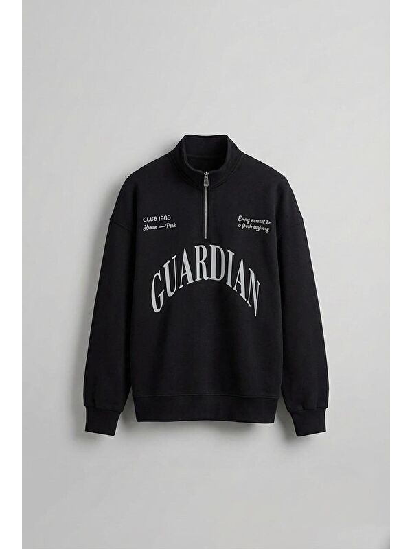 Abluka Online Erkek Oversize Yarım Fermuarlı Dik Yakalı Baskılı Sweatshirt Siyah