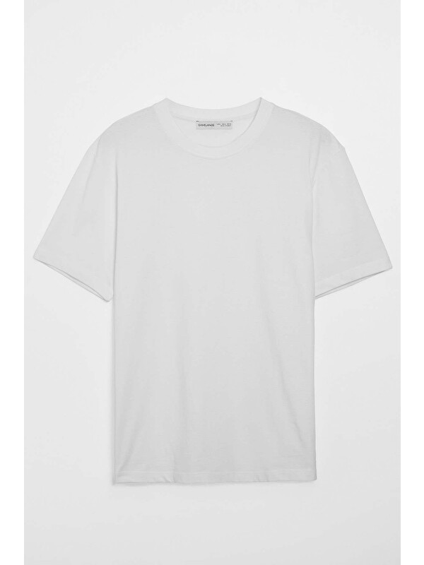 GRIMELANGE Solo Erkek %100 Organik Pamuklu Kalın Dokulu Comfort Fit Bisiklet Yakalı BEYAZ T-Shirt