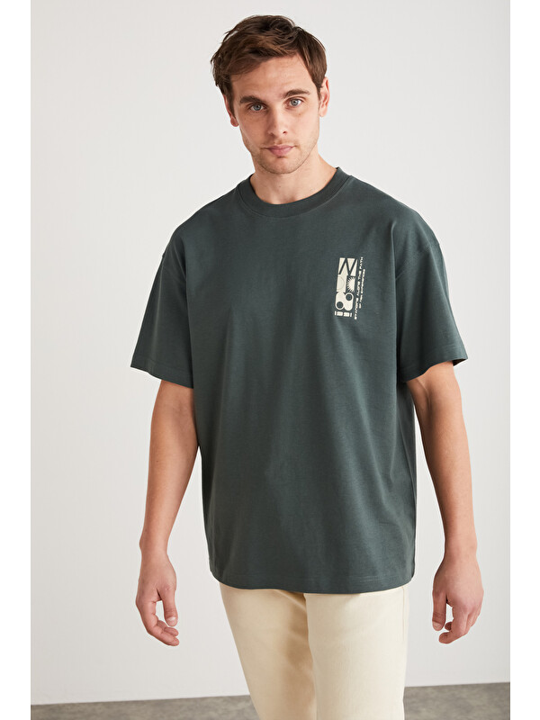 GRIMELANGE ANTONIO Erkek Baskı Detaylı %100 Organik Pamuk 3 İplik Örme Oversize YEŞİL T-Shirt