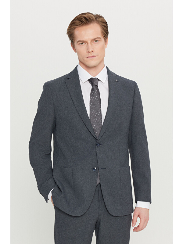 Altınyıldız Classics Erkek Lacivert Slim Fit Dar Kesim Mono Yaka Torba Cepli Desenli Esnek Takım Elbise