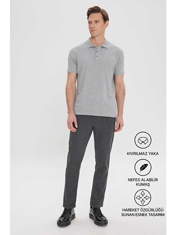 AC&Co / Altınyıldız Classics Erkek Gri Melanj Slim Fit Dar Kesim Polo Yaka %100 Pamuk Kısa Kollu Tişört