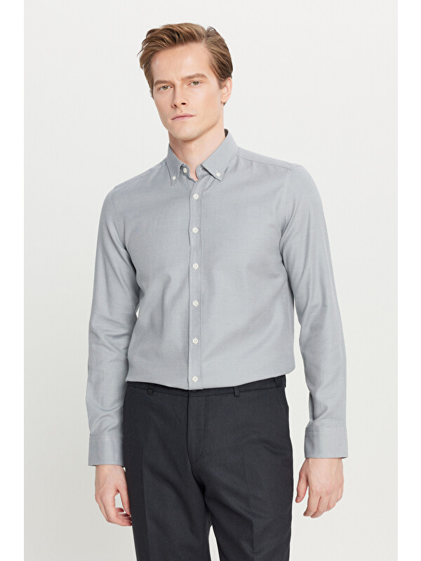 Altınyıldız Classics Erkek Gri %100 Pamuk Slim Fit Dar Kesim Düğmeli Yaka Diagonal Desenli Gömlek