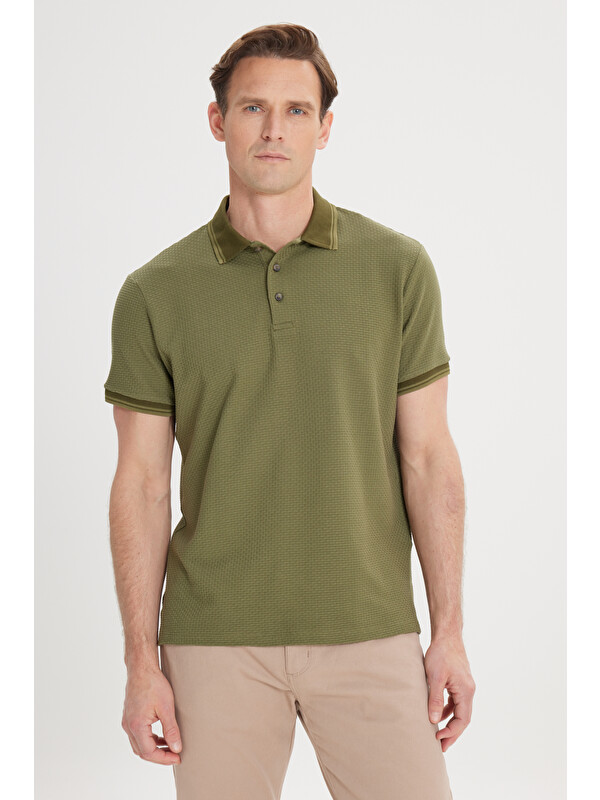 Altınyıldız Classics Erkek Haki Slim Fit Dar Kesim %100 Pamuk Polo Yaka Armürlü Tişört