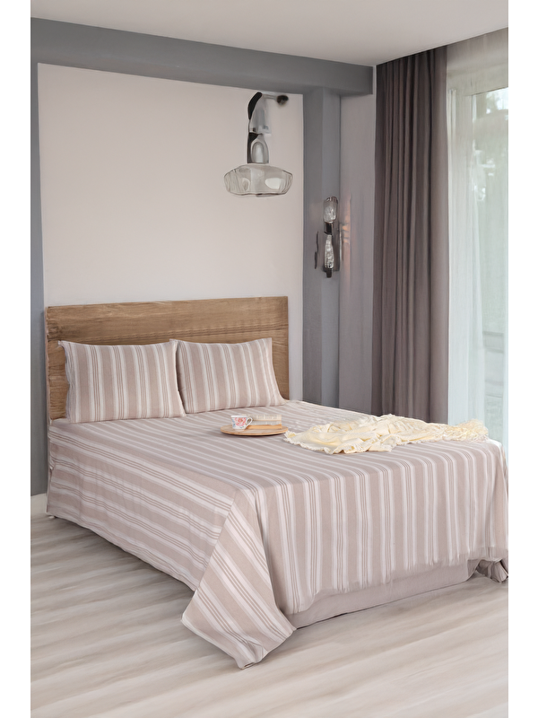 UPSTYLE Sport Çizgili Çarşaf + Yastık Kılıfı Seti Çift Kişilik Soft Line Bej