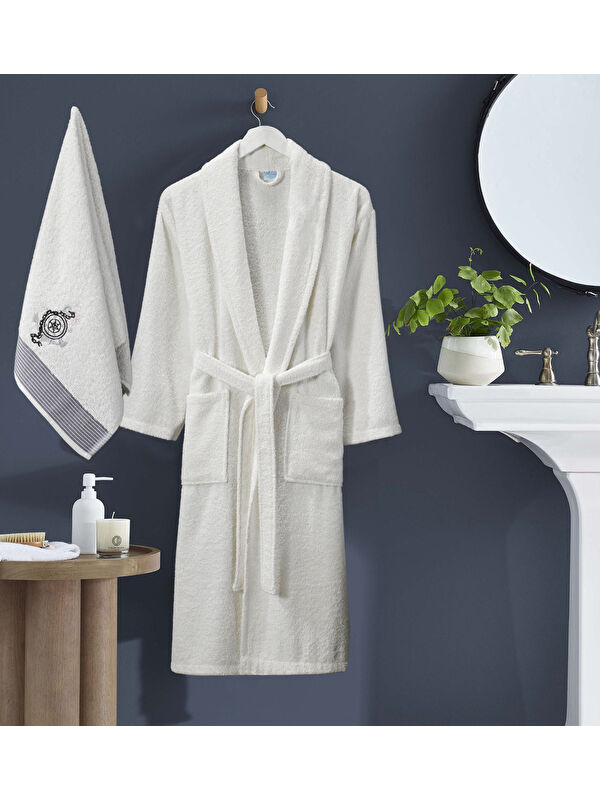 UPSTYLE Bornoz - Nakışlı Havlu Seti Cora Erkek Krem S/M+45x85cm