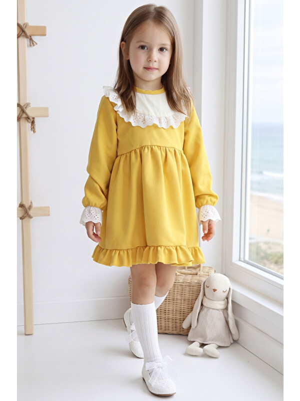 Parla Kids Kız Çocuk Ruby Hardal Uzun Kollu Dantel Detaylı Fırfırlı Elbise