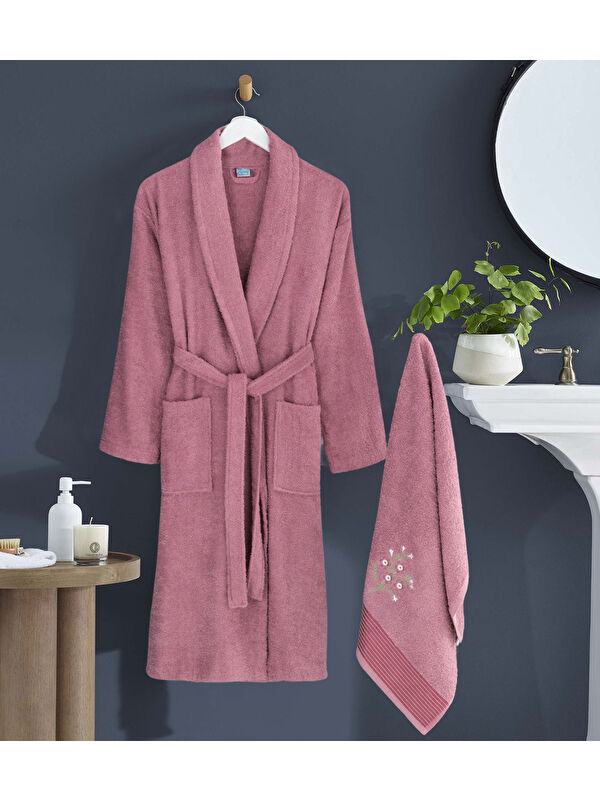 UPSTYLE Bornoz - Nakışlı Havlu Seti Cora Mürdüm S/M+45x85cm