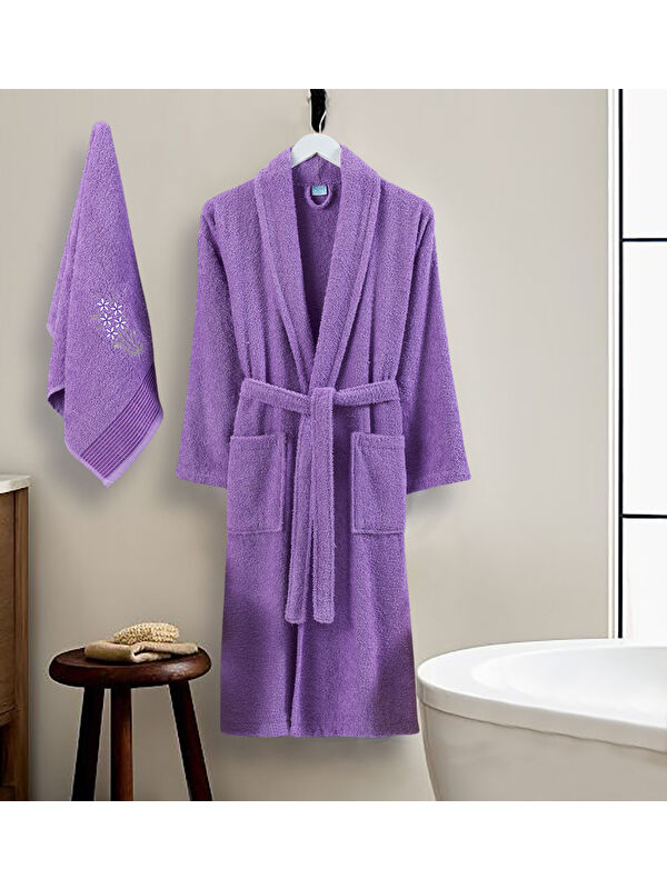 UPSTYLE Bornoz - Nakışlı Havlu Seti Cora Lavanta S/M+45x85cm