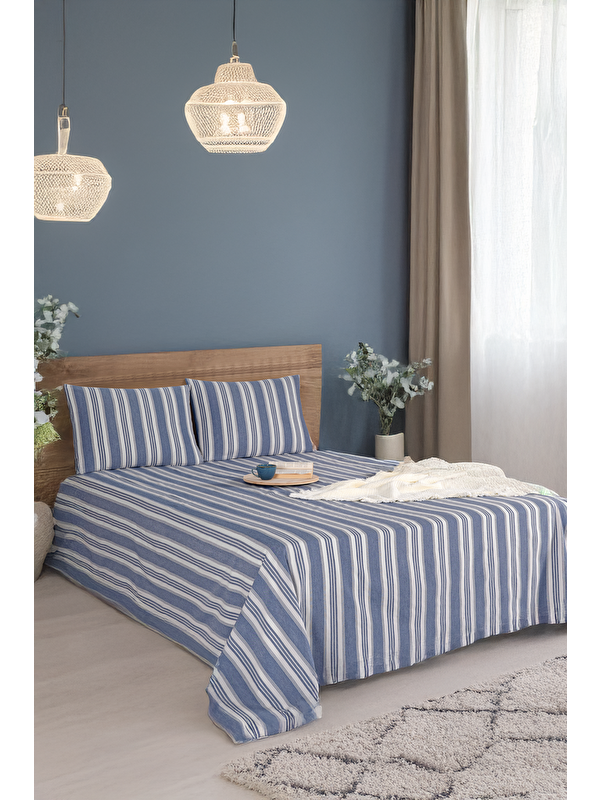 UPSTYLE Sport Çizgili Çarşaf + Yastık Kılıfı Seti Tek Kişilik Soft Line Lacivert