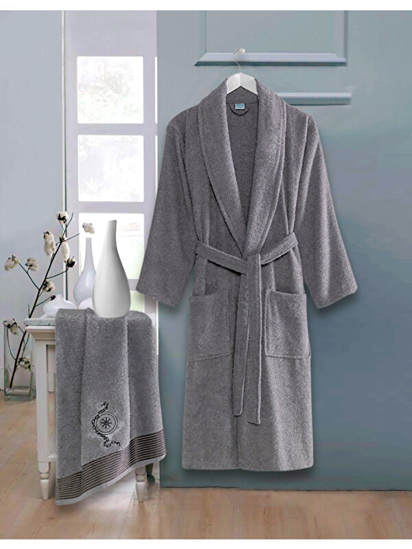 UPSTYLE Bornoz - Nakışlı Havlu Seti Cora Antrasit S/M+45x85cm