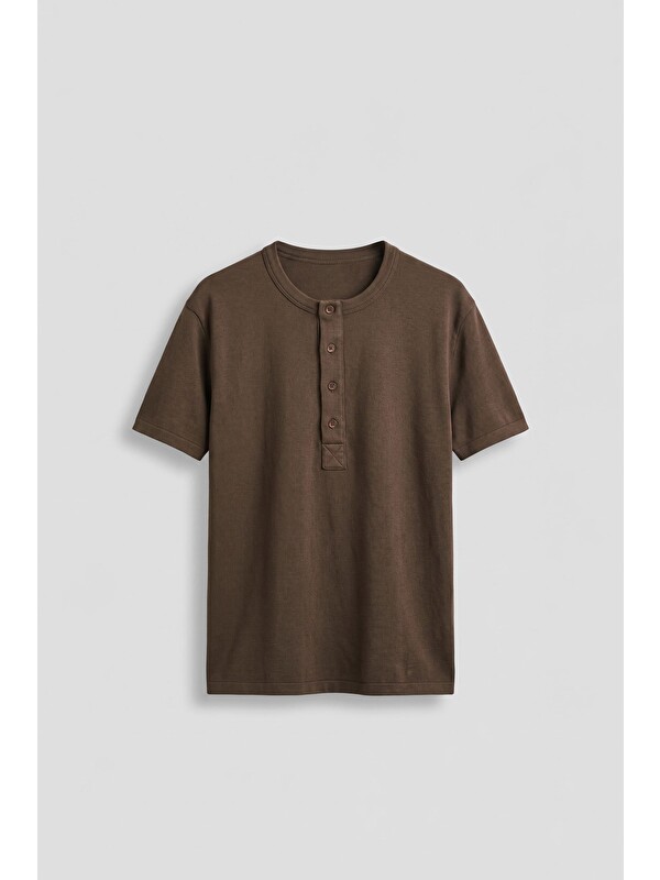 Abluka Online Erkek Relaxed Fit Düğmeli Henley Yaka Basic T-Shirt Kahverengi