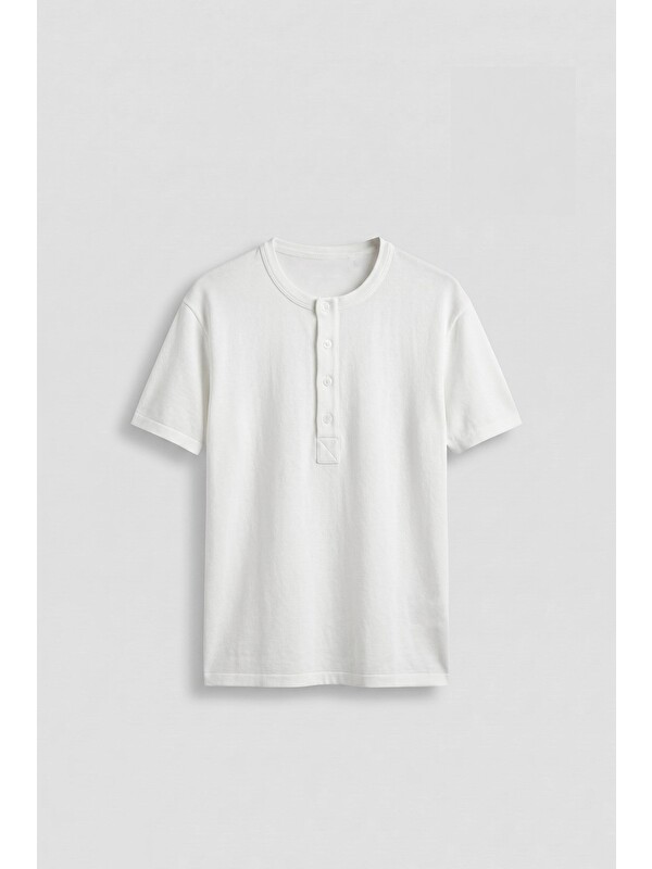 Abluka Online Erkek Relaxed Fit Düğmeli Henley Yaka Basic T-Shirt Beyaz