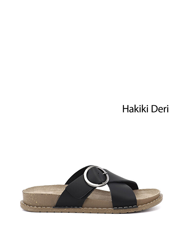 GÖNDERİ(R) Kadın SİYAH Çapraz Bantlı Hakiki Deri Terlik