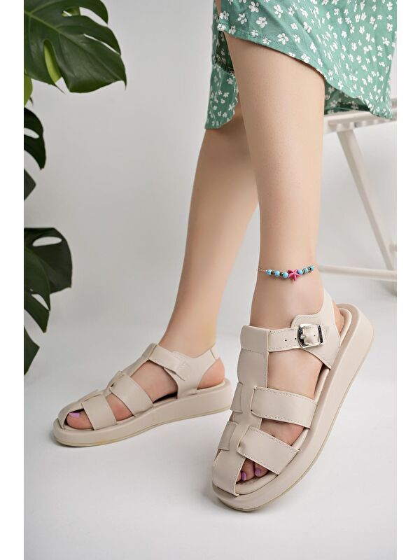 DOSSİ Dolgu Topuklu Bilekten Bağlamalı Tokalı Kadın Sandalet - Görsel 4