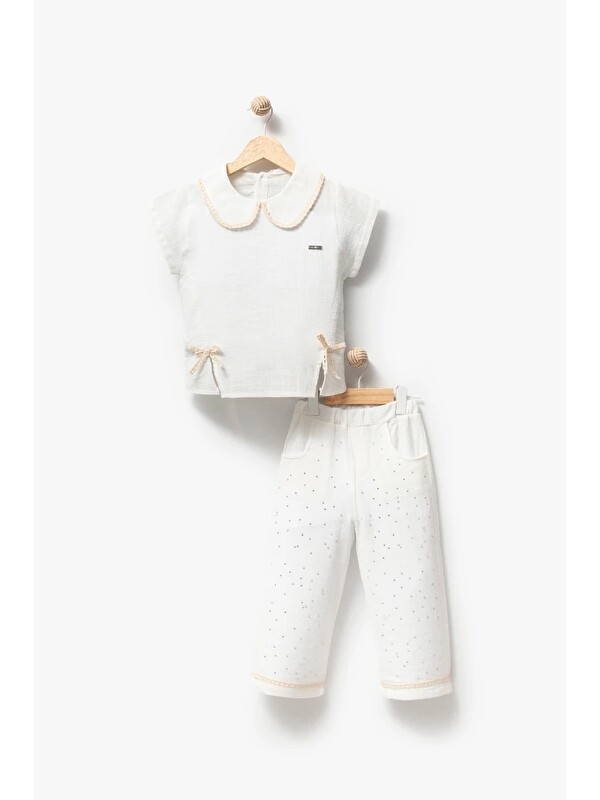 Jikko Baby Taş Baskılı Pantolonlu Kısa Kollu 2li Yazlık Kız Takım 3708