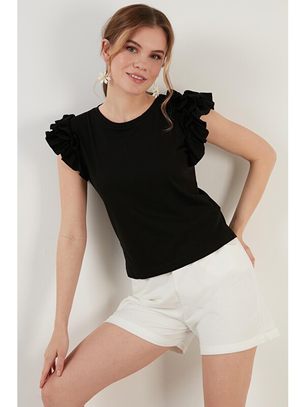 Lela Pamuklu Kolları Fırfırlı Slim Fit Bisiklet Yaka Kadın T Shirt 5864500