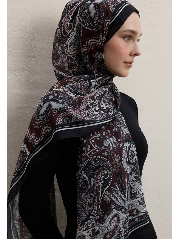 Fresh Scarfs Dark Bohemy Desen İpek Krep Şal Bordo