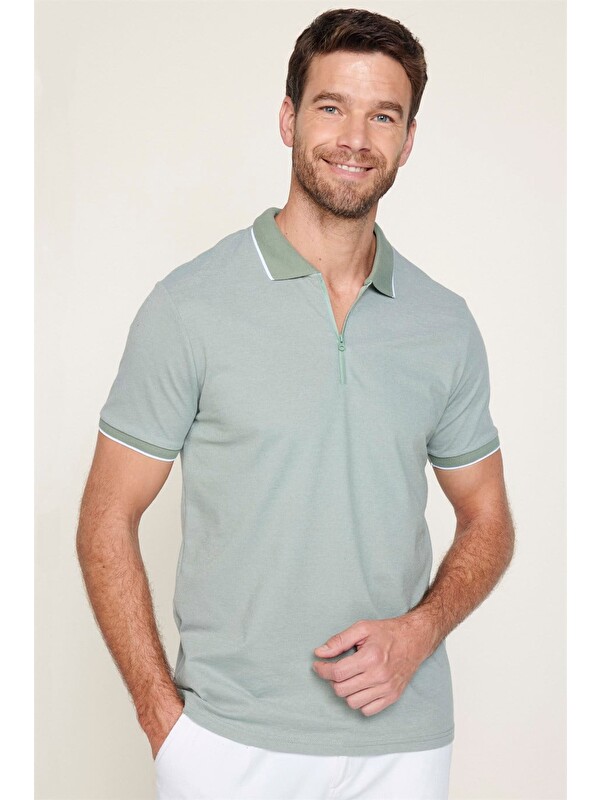 TUDORS Erkek Slim Fit Fermuarlı Polo Yaka Pike Pamuklu Mint Tişört