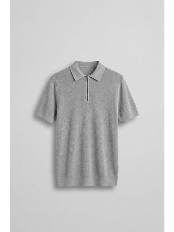 Abluka Online Erkek Yarım Fermuarlı Polo Yaka Triko T-Shirt Gri