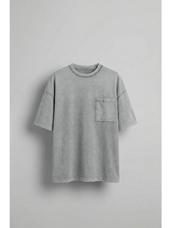 Abluka Online Erkek Yıkamalı Dikiş Detaylı Oversize T-Shirt Gri