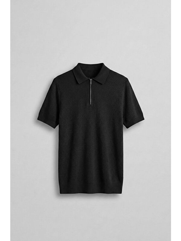 Abluka Online Erkek Yarım Fermuarlı Polo Yaka Triko T-Shirt Siyah