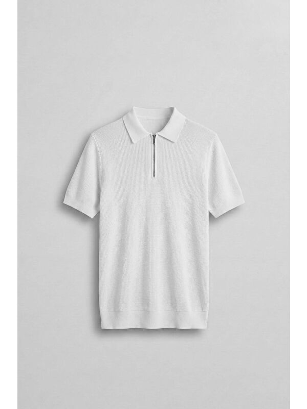 Abluka Online Erkek Yarım Fermuarlı Polo Yaka Triko T-Shirt Beyaz