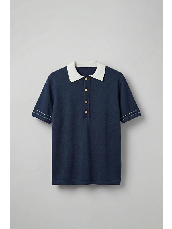 Abluka Online Erkek Kontrast Polo Yaka Premium Regular Fit Tişört Lacivert