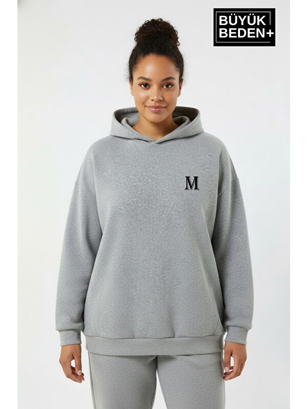 Süperlife Kadın Büyük Beden Kapüşonlu M Baskılı ince Swatshırt SPR26BSWK957-13