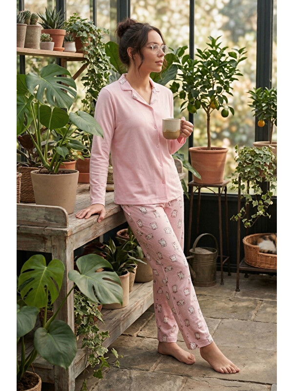 Lela Desenli Regular Fit Apaş Yaka Beli Lastikli Bol Paça Kadın Pijama Takımı 65714300