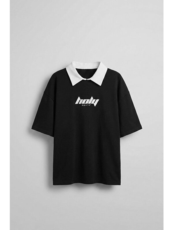 Abluka Online Erkek Oversize Polo Yaka Dokulu Esnek Rahat Baskılı T-Shirt Siyah