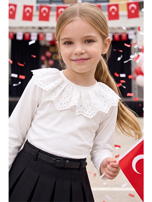 Parla Kids Kız Çocuk Ekru Fisto Yaka Uzun Kollu Body Bluz 29 Ekim Gösteri Kıyafeti