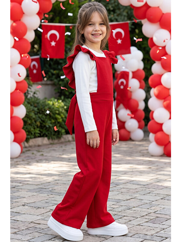 Parla Kids Kız Çocuk Berlin Kırmızı Pamuklu Fırfırlı Bağlama Detaylı Salopet Tulum 29 Ekim Gösteri Kıyafeti