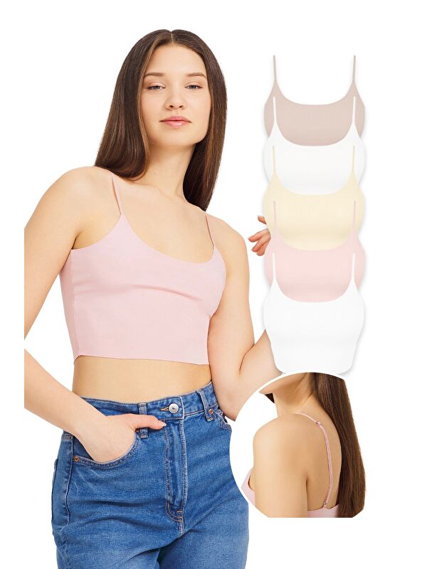 Cottonhill Ayarlanabilir İnce Askılı Lazer Kesim Crop Büstiyer 5'Li Paket