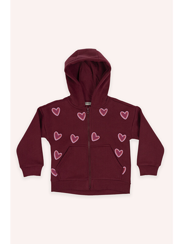 Panço Kız Çocuk Kalp Detaylı Kapüşonlu Bordo Sweatshirt