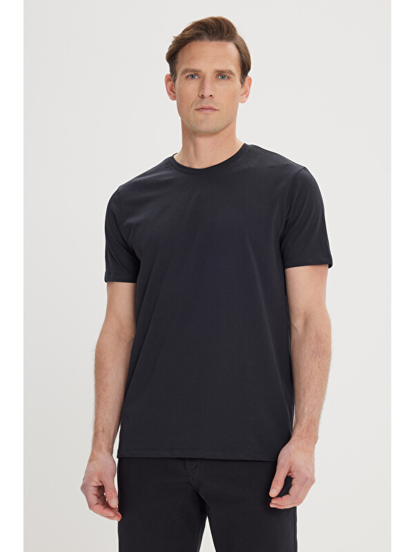 Altınyıldız Classics Erkek Siyah Slim Fit Dar Kesim Pamuklu Bisiklet Yaka Tişört
