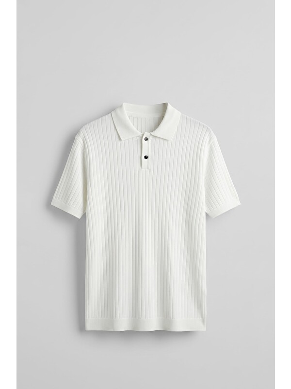 Abluka Online Erkek Relaxed Fit Fitilli Triko Polo Yaka Tişört Beyaz