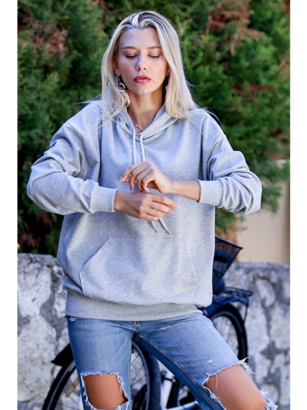 Chiccy Gri Kapüşonlu Uzun Kol Cepli Örme Casual Sweatshirt