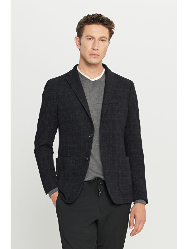 Altınyıldız Classics Erkek Siyah Yünlü Slim Fit Dar Kesim Mono Yaka Ekose Desenli Blazer Ceket