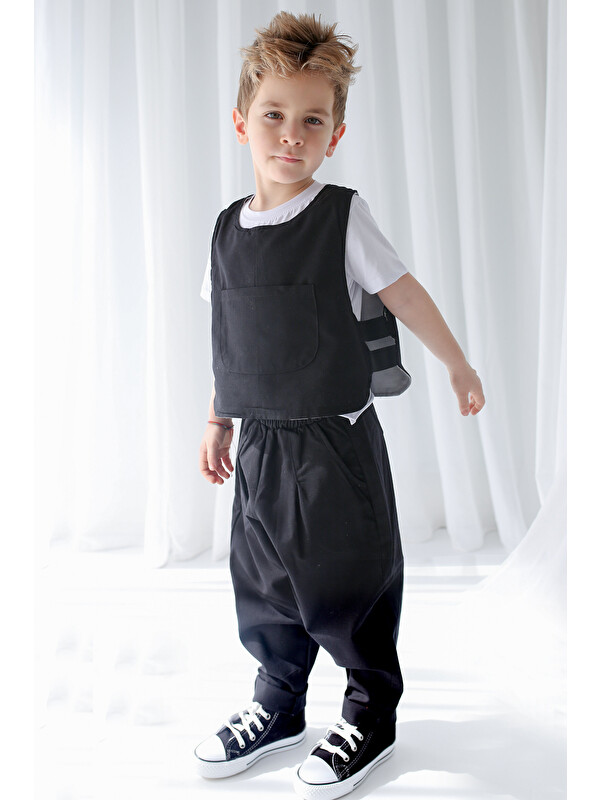 Catz Kids Siyah Keten Carrot Pantolon + Gri+Siyah Çift Taraflı Yelek
