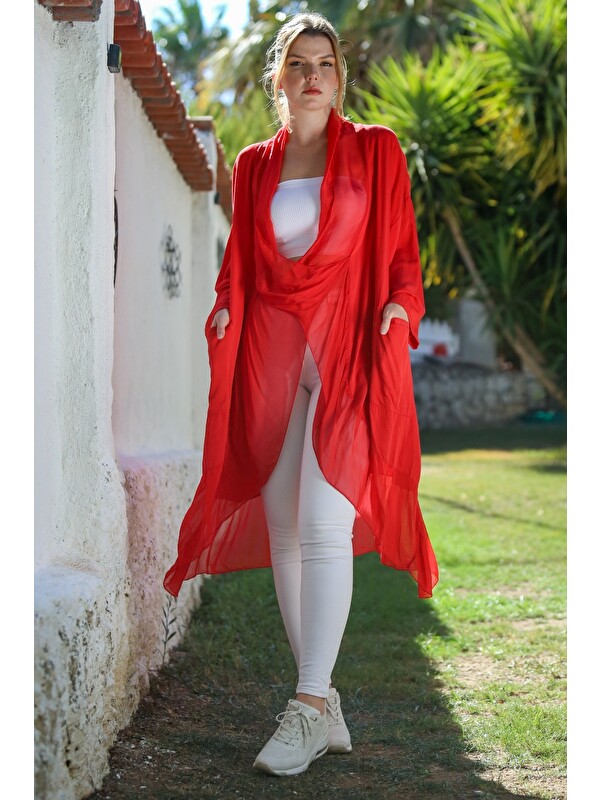 Chiccy İtalyan Alev Kırmızısı Kruvaze Yaka Uzun Kol Cepli İpek Oversize Dokuma Tunik 95 75